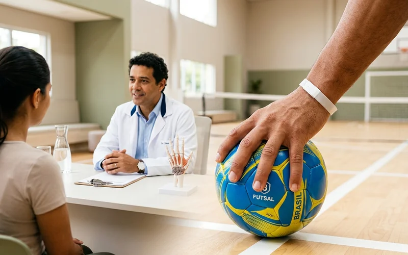 Mão segurando uma bola em quadra, com foco no polegar
