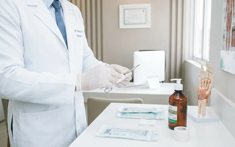Mãos de médico higienizando material em bancada branca de consultório