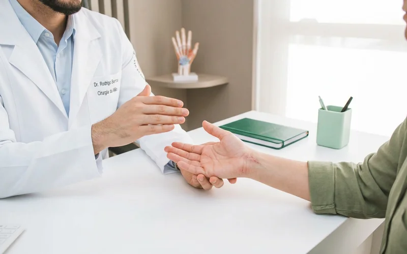 Médico e paciente em conversa sobre a mão, em consultório claro