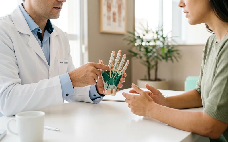 Médico explicando com modelo anatômico de mão para paciente, visto de lado