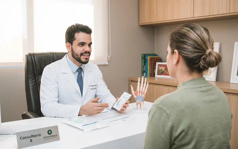 Médico orientando paciente sobre cuidados pós-operatórios em consultório claro