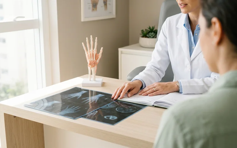 Mesa de consultório com exames de imagem, prontuário e modelo anatômico de mão