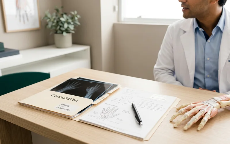 Mesa de consultório com exames, prontuário e modelo anatômico de mão