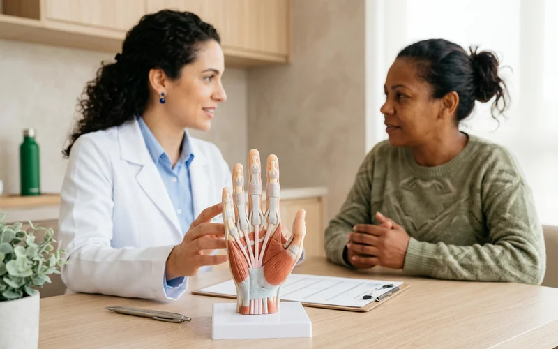 Modelo anatômico de dedo mostrando o tendão flexor deslizando sob a polia anular