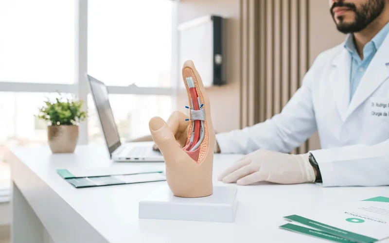 Modelo anatômico de dedo mostrando tendão flexor e polia