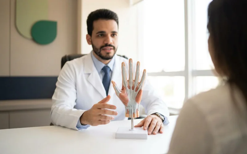 Modelo anatômico mostrando a fáscia palmar e os dedos