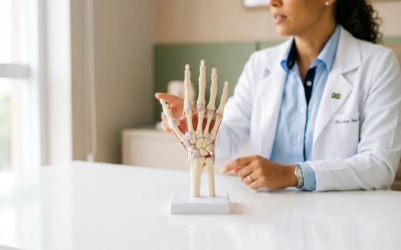 Modelo anatômico mostrando os ligamentos do polegar e do punho