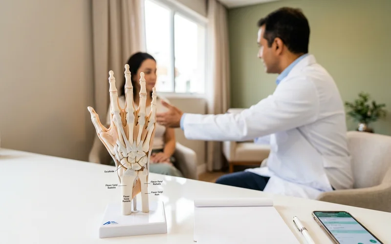 Modelo anatômico de punho com ossos e tendões sobre mesa clara
