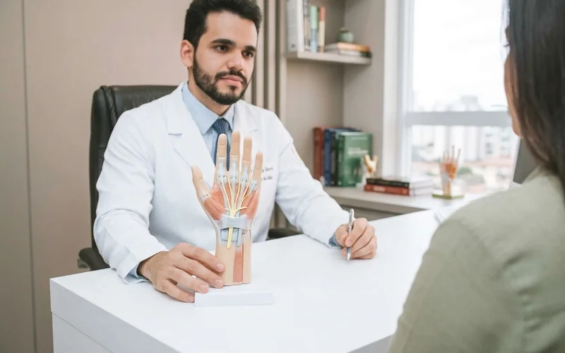 Modelo anatômico de punho mostrando o trajeto do nervo mediano sob o ligamento carpal transverso