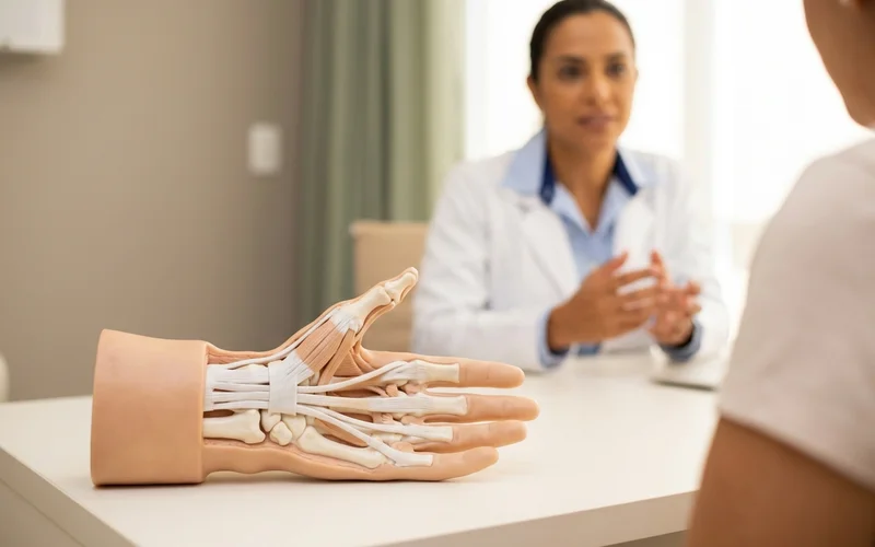 Modelo anatômico mostrando os tendões do primeiro compartimento extensor