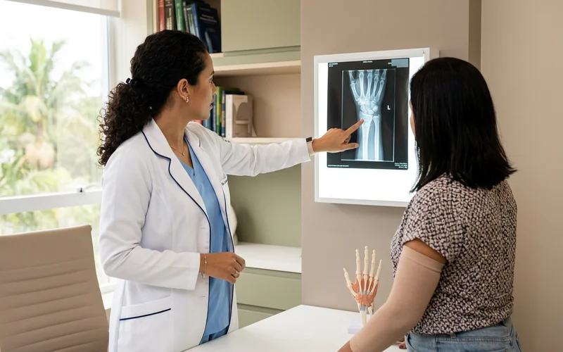 Radiografia de punho analisada no consultório, sem dados de paciente visíveis
