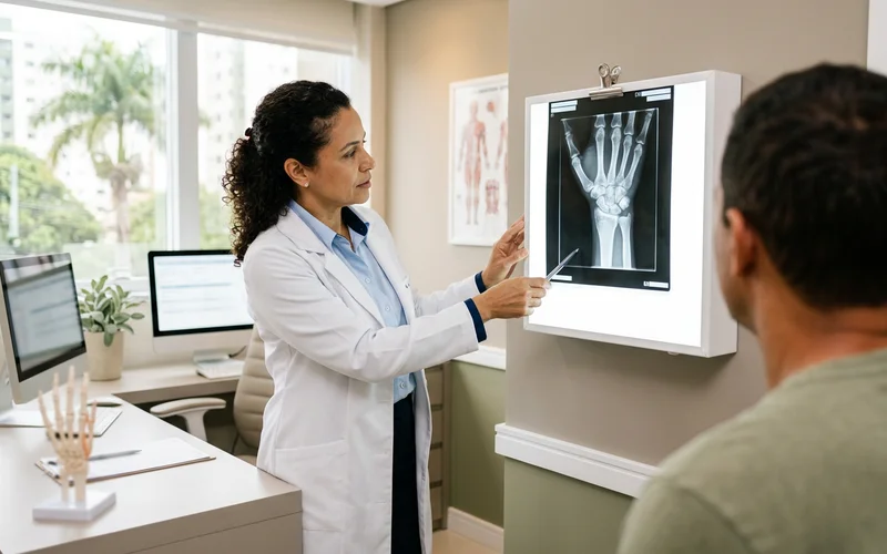 Radiografia de punho sobre negatoscópio, sem dados de paciente visíveis
