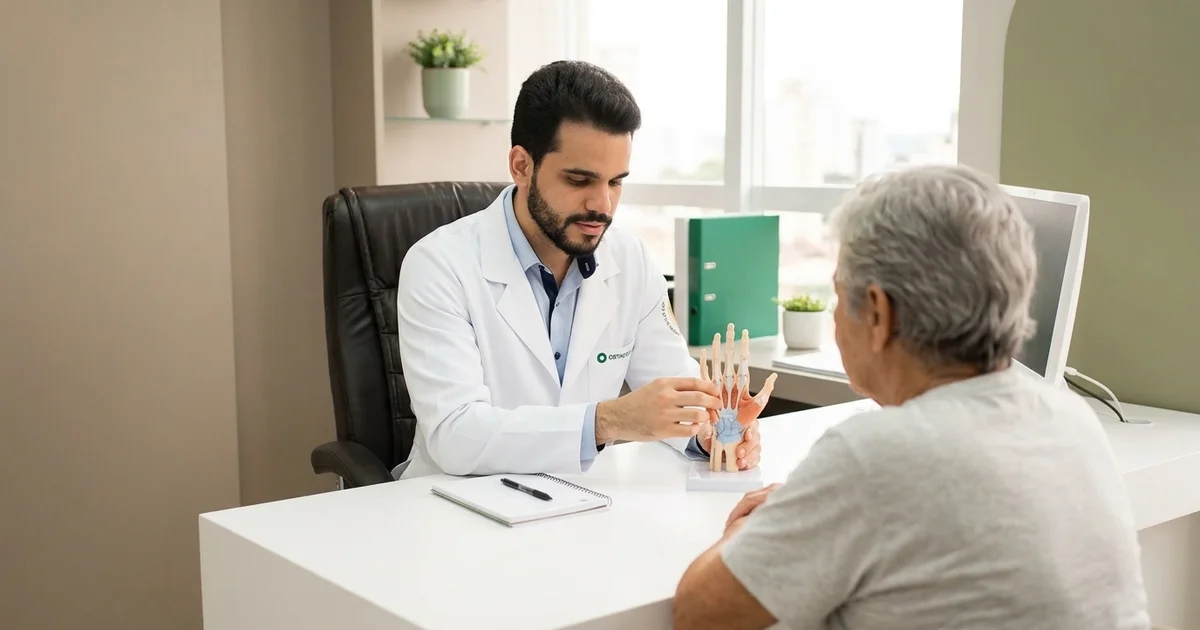 Consulta médica em consultório claro, com médico e paciente conversando, vistos de costas