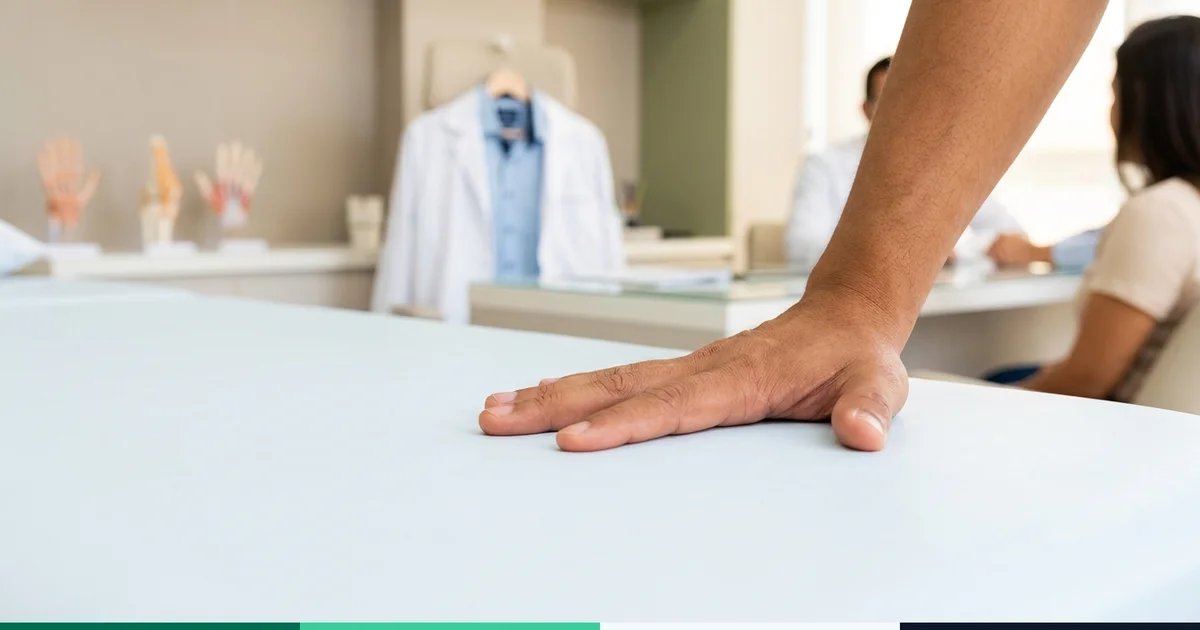 Mão adulta apoiada aberta sobre mesa clara, mostrando o teste de apoio
