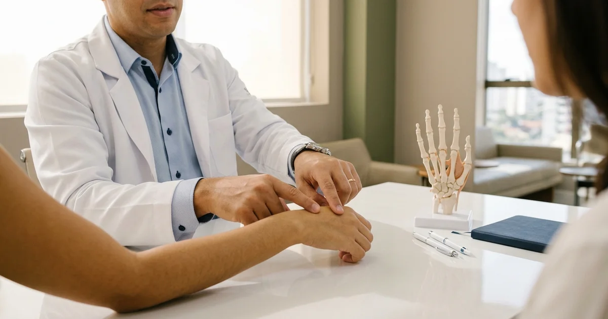 Médico conversando com paciente sobre o exame do punho em consultório claro