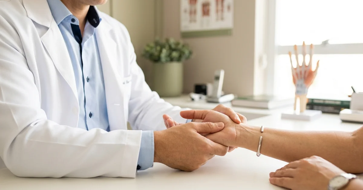 Médico de jaleco branco avaliando o punho de um paciente em consultório claro