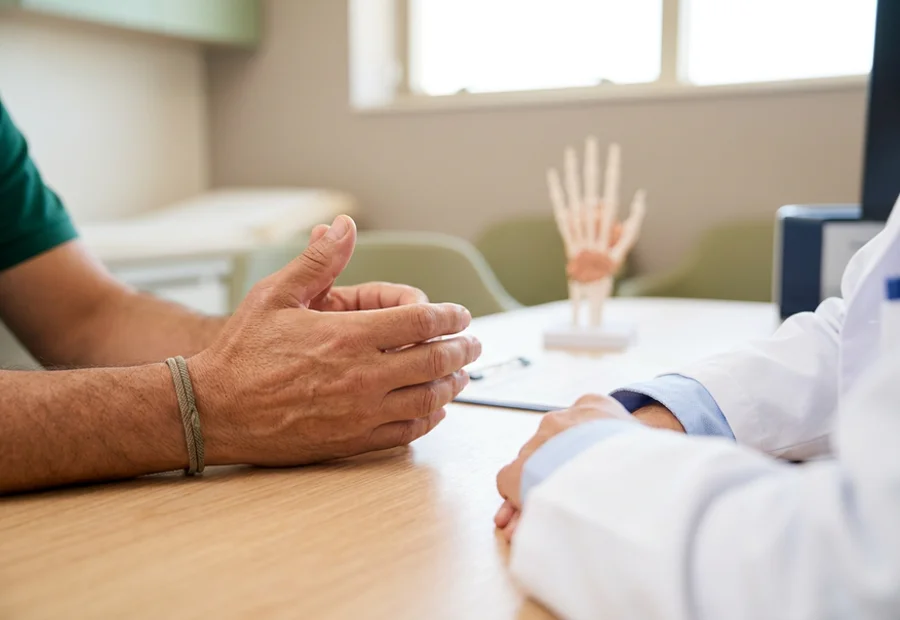 Mãos apoiadas sobre a mesa do consultório durante avaliação de artrose